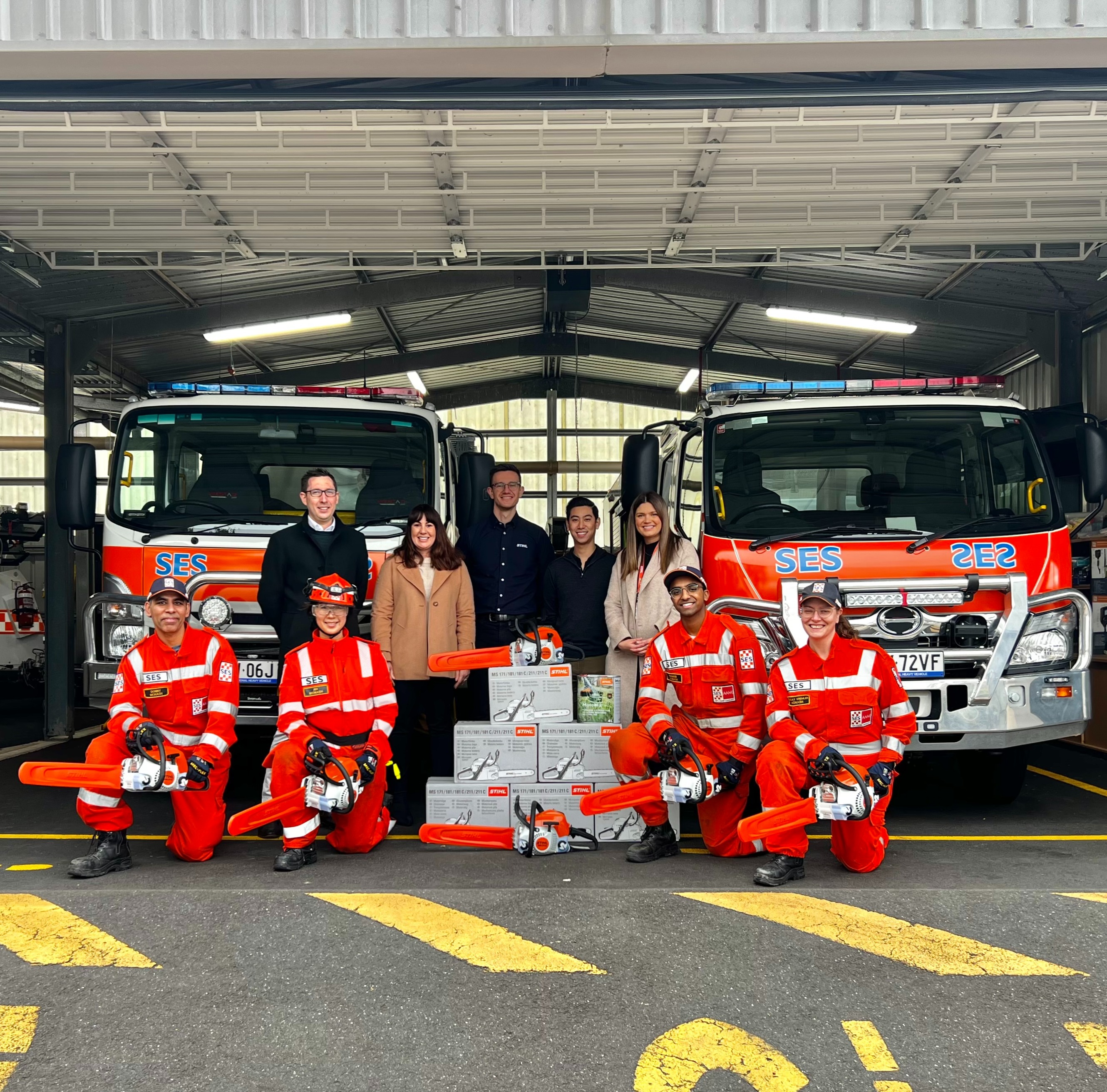 VICSES Monash Unit volunteers showcase the new STIHL chainsaw equipment as part of Chainsaw Safety Week.