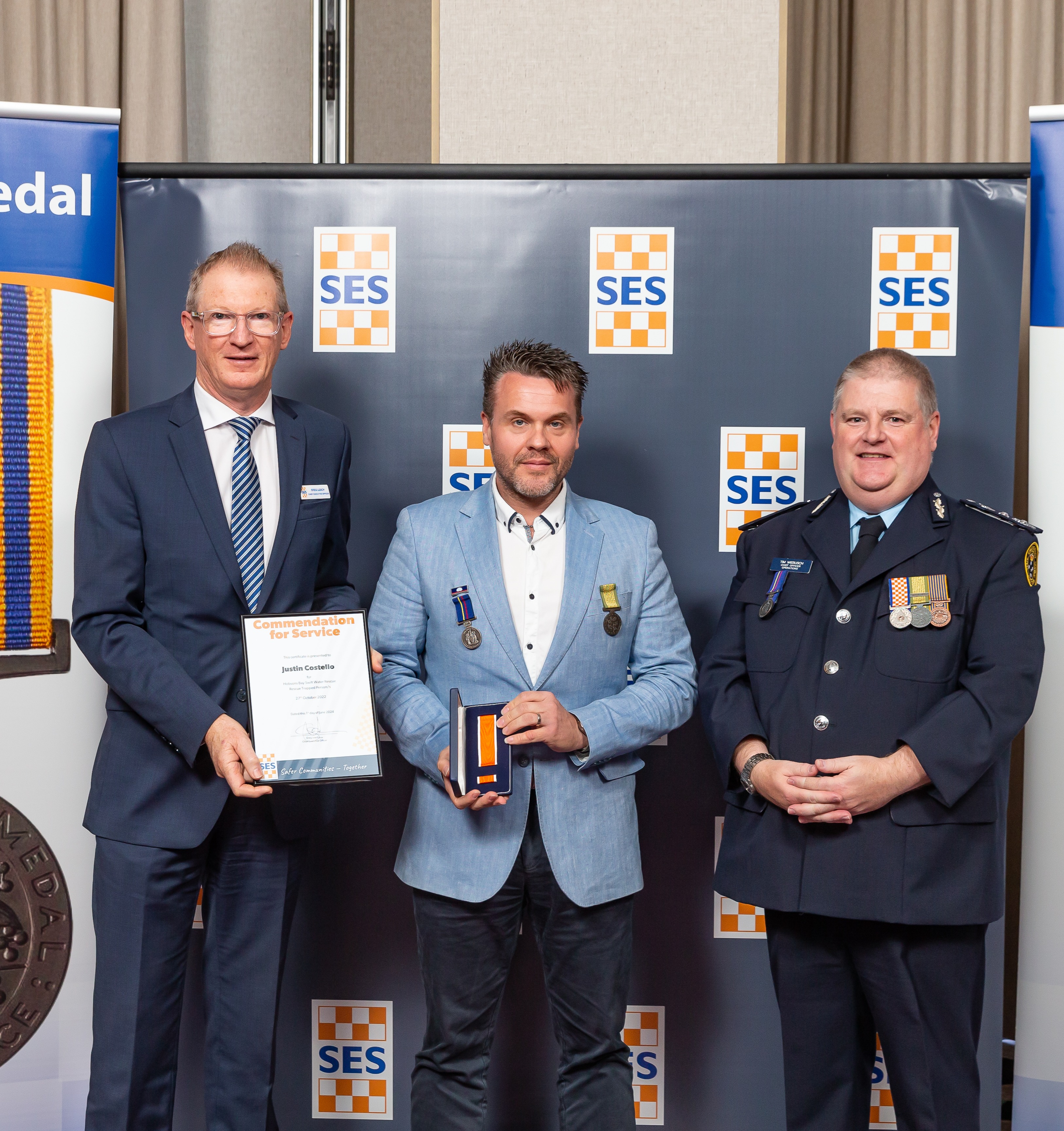 VICSES Corio Unit volunteer Justin Costello (centre) with VICSES CEO Greg Leach (left) and VICSES Chief Operations Officer Tim Wiebusch.